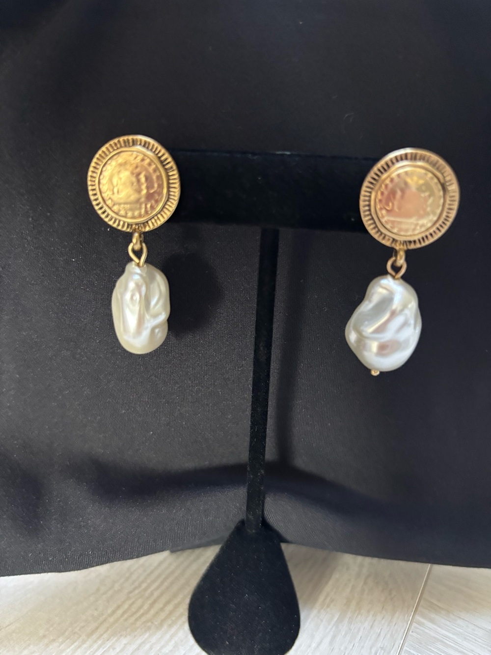 White House Black Market Gold Coin Earrings with Pearl Drops. Never worn